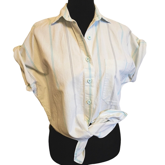 Vintage 80s CROPPED Striped Button-Up Top Sleevless - Picture 5 of 12